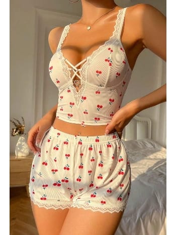 Beyaz Kiraz Rüyası Şort Takım Bella Notte 7539
