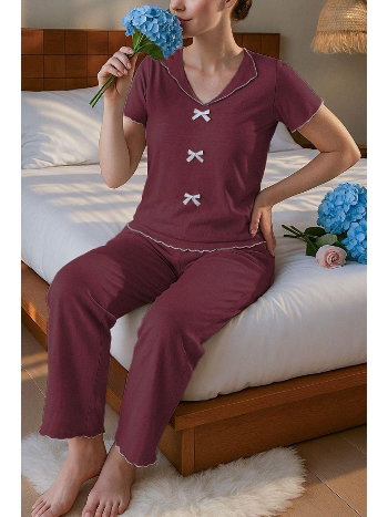 Bordo Kısa Kollu Fiyonk Detaylı Pamuklu Pijama Takımı Bella Notte 7349
