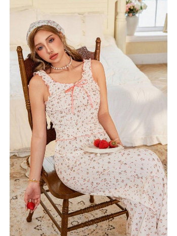 Ekru Vintage Model Çiçek Desenli Naif Pijama Takımı Bella Notte 7323