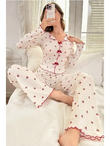 Kiraz Desenli Pamuklu Kurdelalı Pijama Takımı Bella Notte 7135