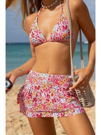 Pembe Çiçek Desenli Etekli 3 Parça Bikini Takımı Bella Notte M-9005