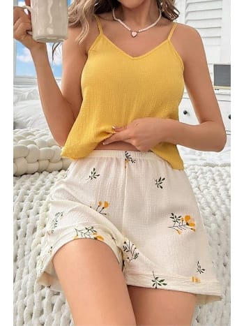 Sarı Bahar Dalı Yaprakları Ev İçi Şort Takım Bella Notte 7717