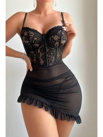 Asimetrik Kesim Fırfırlı Transparan Gecelik Bella Notte 15925