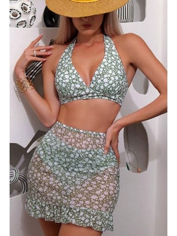Yeşil Mini Papatya Desenli Etekli 3 lü Mayo Bikini Takım Bella Notte M-9013