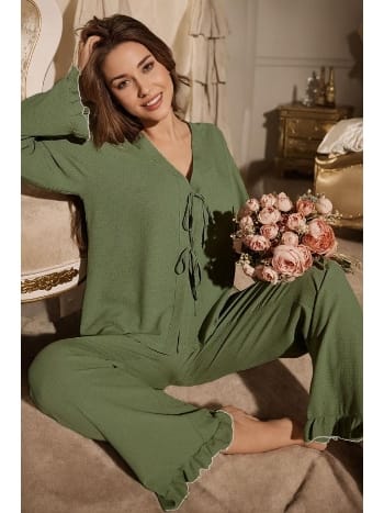 Yeşil Önden Bağlamalı V Yaka Pijama Takımı Bella Notte 7179