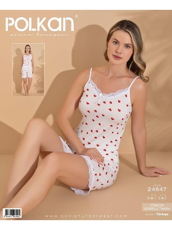 Dantelli Kalpli Desenli Beyaz Şort Pijama Takımı Polkan 24657