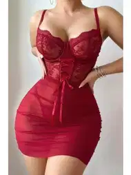 Bordo Şeffaf Dantel Body Ruselin 2209