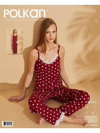 Bordo Puantiyeli Dantel Askılı Pijama Takımı Polkan 19202