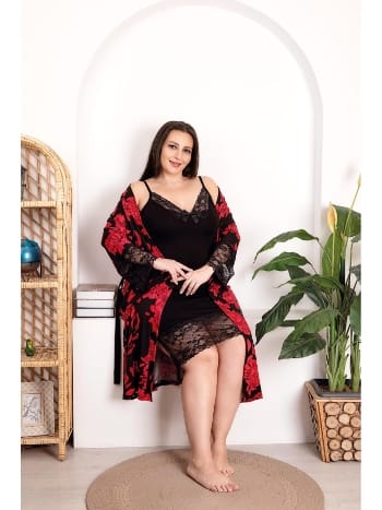 Dantel Detaylı Çiçek Desenli Büyük Beden Gecelik Takım Lady 19212