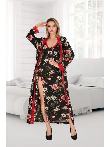 Büyük Beden Çiçekli Uzun Yırtmaçlı Gecelik İzabel 7001