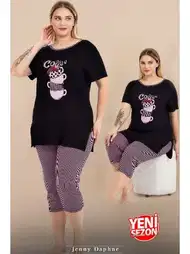 Büyük Beden Çizgili Kapri Kısa Kollu Pijama Takımı Lady 10728