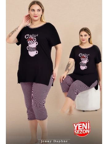 Büyük Beden Çizgili Kapri Kısa Kollu Pijama Takımı Lady 10728
