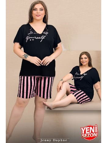 Büyük Beden Çizgili Kısa Kollu V Yaka Şort Pijama Takımı Lady 10427