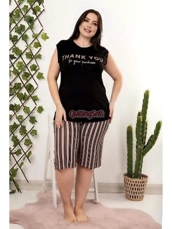 Büyük Beden Çizgili Şortlu Pijama Takımı Lady 10408