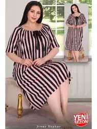 Büyük Beden Çizgili Kurdelalı Tunik Gecelik Lady 8816