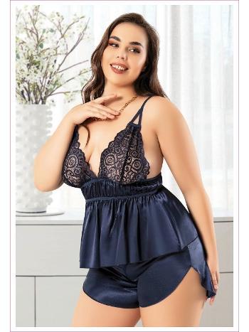 Büyük Beden Dantelli Saten Yırtmaçlı Şort Pijama Takım Miss Laris 4233