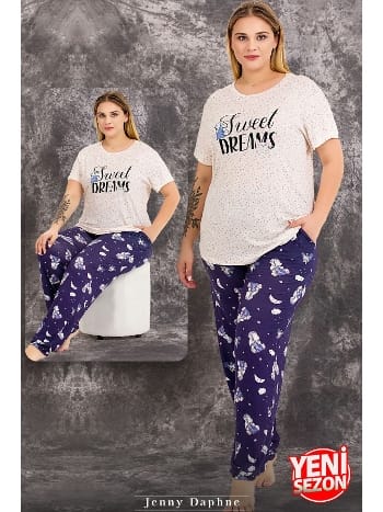 Ekru Çiçek Desenli Büyük Beden Pijama Takımı Lady 10978