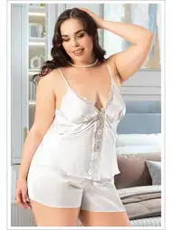 Büyük Beden İnce Askılı Ekru Saten Şort Pijama Takımı Miss Laris 4239