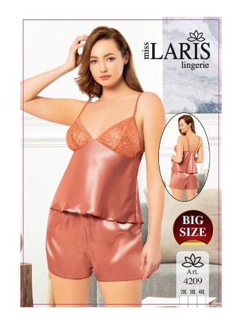 Kahve Dantel İşlemeli Saten Şort Takım Miss Laris 4209