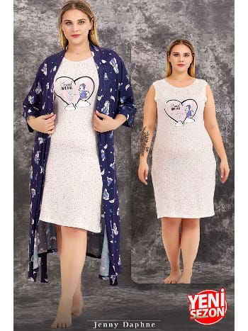 Büyük Beden Lacivert 2li Gecelik Sabahlık Takımı Lady 19233