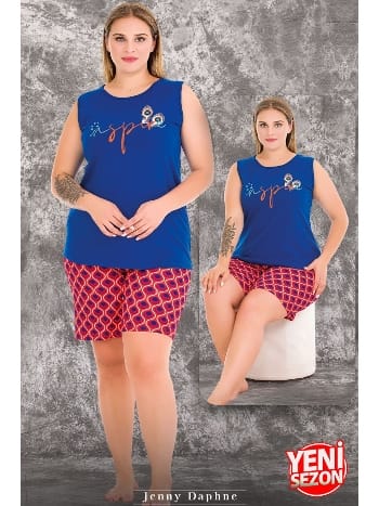 Desenli Büyük Beden Sıfır Kollu Şortlu Pijama Takımı Lady 10426