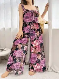 Büyük Beden Pembe Çiçek Desenli Pantolon Takım Pink Night 6958