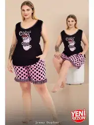 Büyük Beden Puantiyeli Kolsuz Bisiklet Yaka Şortlu Pijama Takımı Lady 10431