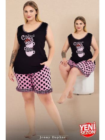 Büyük Beden Puantiyeli Kolsuz Bisiklet Yaka Şortlu Pijama Takımı Lady 10431