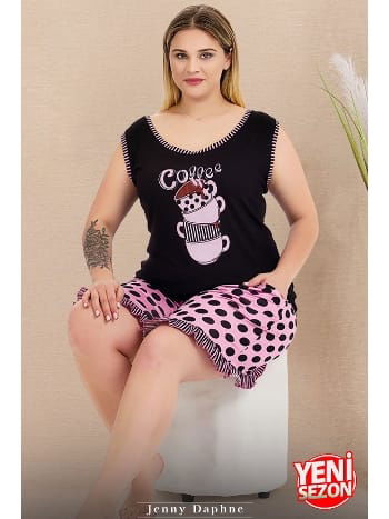 Büyük Beden Puantiyeli Kolsuz Bisiklet Yaka Şortlu Pijama Takımı Lady 10431 - 2