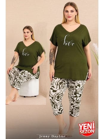 Büyük Beden Yeşil Desenli Kısa Kollu Kapri Pijama Takımı Lady 10715