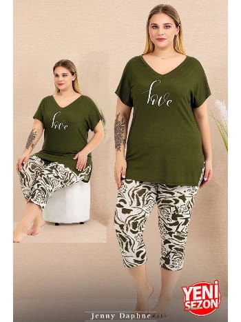 Büyük Beden Yeşil Desenli Kısa Kollu Kapri Pijama Takımı Lady 10715