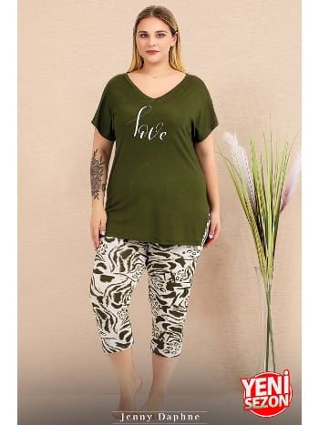 Büyük Beden Yeşil Desenli Kısa Kollu Kapri Pijama Takımı Lady 10715 - 2