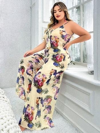 Büyük Çiçek Desenli İnce Askılı Pijama Takımı Pink Night 6951