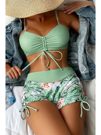 Büzgü Ayarlı Baskılı Bikini Takımı Angelsin MS 4388 Yeşil