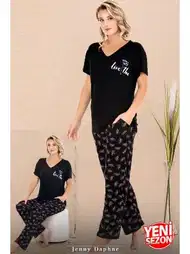 Cepli V Yaka Desenli Kısa Kollu Pijama Takımı Lady 12670