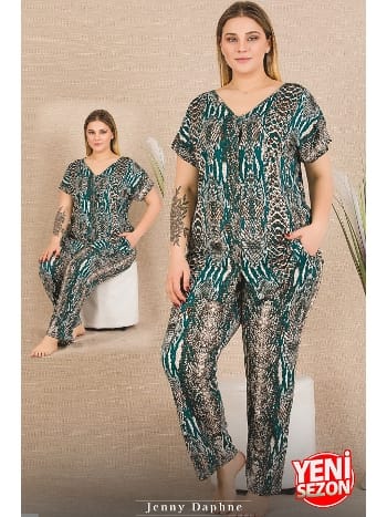 Cepli Yılan Desenli Büyük Beden Düğmeli Kısa Kollu Pijama Takımı Lady 11030