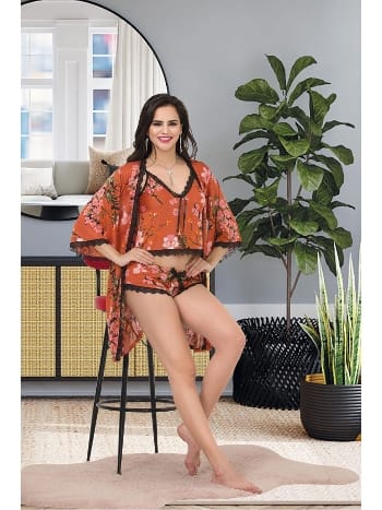 Çiçek Desenli Şortlu Sabahlık Takım İnci İzabel 8001