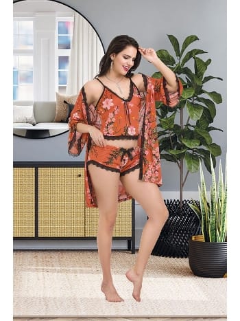 Çiçek Desenli Şortlu Sabahlık Takım İnci İzabel 8001 - 2