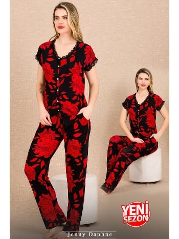 Çiçek Desenli Kırmızı Kısa Kollu Kadın Pijama Takımı Lady 12494