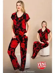 Çiçek Desenli Kırmızı Kısa Kollu Kadın Pijama Takımı Lady 12494