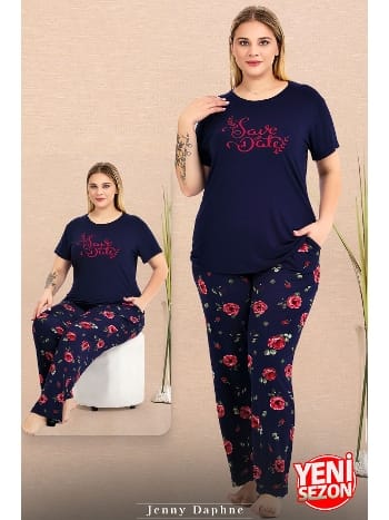 Çiçek Desenli Ekru Büyük Beden Pijama Takımı Lady 11025