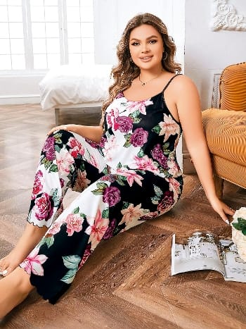 Çiçek Desenli Pamuklu Pijama Takımı Büyük Beden Pink Night 6914