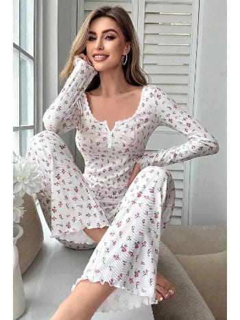 Çiçek Desenli Uzun Kollu Pijama Takımı Merry See MS4083 Beyaz