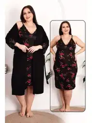 Çiçek Desenli Viskon Kumaş Gecelik Sabahlık Takımı Lady 19223