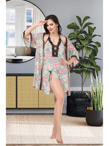 Dantelli Çiçekli Kadın Gecelik Takımı İzabel 7000