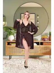 Çizgili Dantelli Kısa Sabahlık Gecelik Takımı İzabel 7009