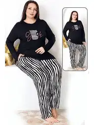 Çizgili Uzun Kollu Büyük Beden Cepli Pijama Takımı Lady 11398