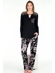 Dantel Yaka Gül Desenli Viskon Uzun Kollu Pijama Takımı Lady 11668