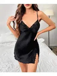 Dantel Yırtmaçlı İnce Askılı Saten Kadın Fantazi Gecelik Lily Bianca 458
