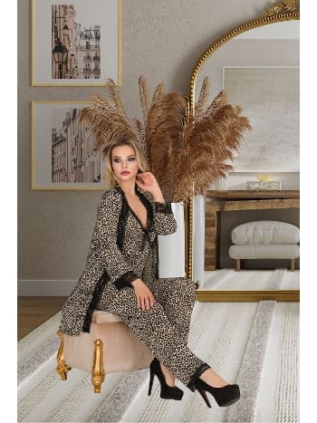 Dantelli Leopar Desen Kadın Pijama Sabahlık Takım İzabel 5014